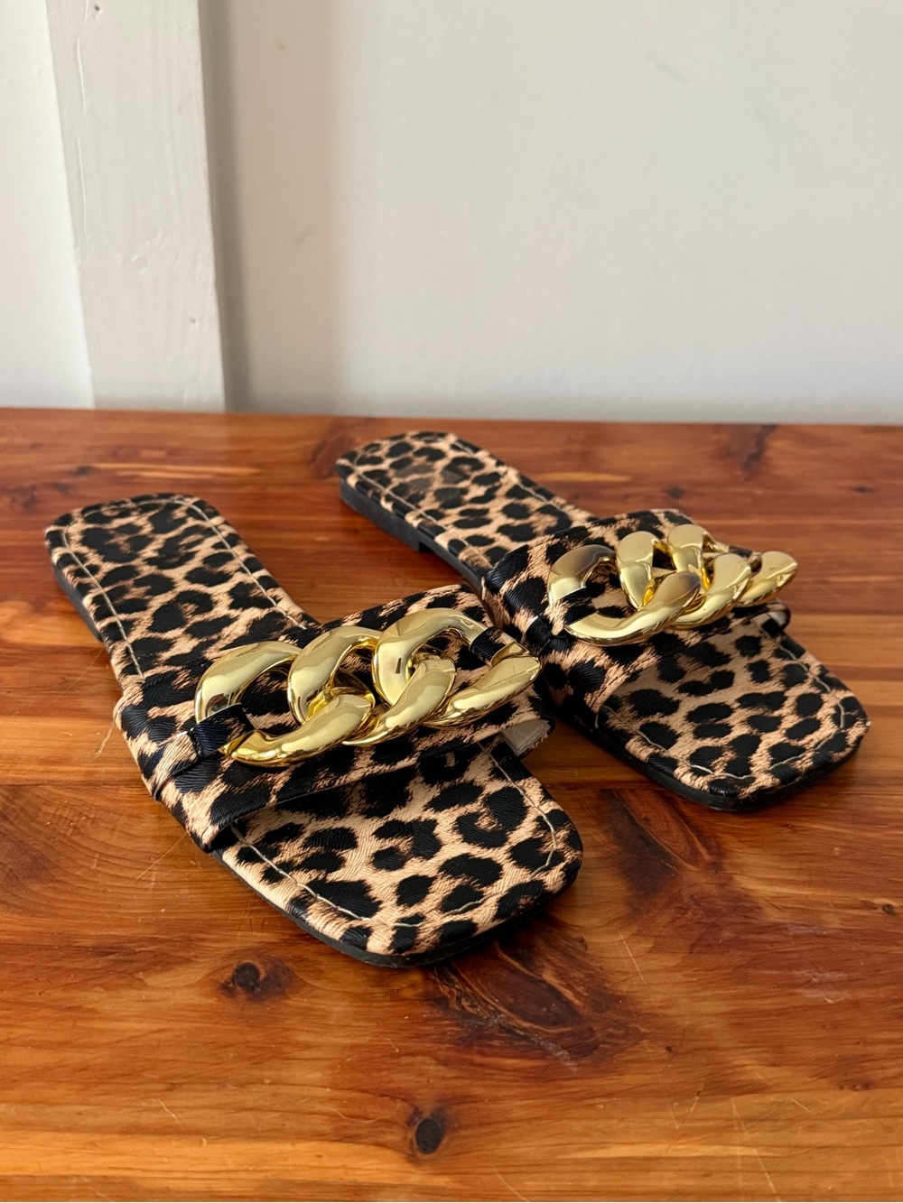 Leopard Cheetah Print Gold Chunky Buckle Slip On Sandals 39